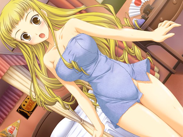 Anime picture 1200x900 with school love! 3 hazuki maria long hair open mouth light erotic blonde hair yellow eyes game cg naked towel girl towel room