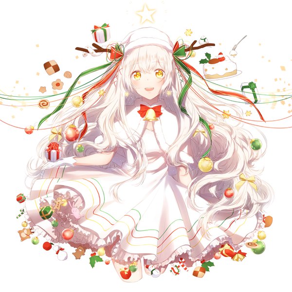 Anime picture 2900x2900 with original sena tea29 single long hair looking at viewer blush fringe highres open mouth smile hair between eyes yellow eyes payot white hair :d fur trim christmas wavy hair albino checkerboard cookie