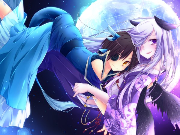 Anime picture 1280x960 with sengoku basara production i.g date masamune akechi mitsuhide sagami rin long hair short hair black hair smile purple eyes multiple girls yellow eyes white hair girl 2 girls wings eyepatch planet