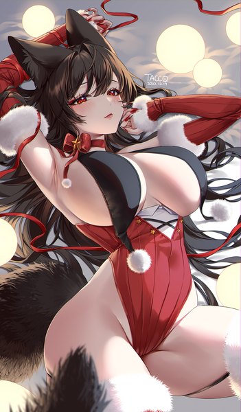 Anime picture 1000x1710 with original bara (tacco) tacco (tikeworld) single long hair tall image looking at viewer blush fringe breasts light erotic hair between eyes red eyes brown hair large breasts signed animal ears tail lying nail polish