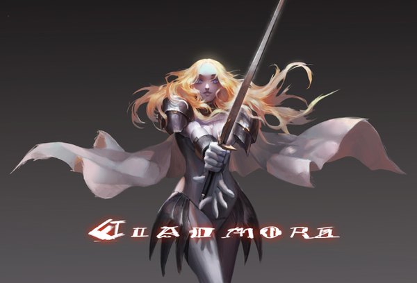 Anime picture 2547x1732 with claymore madhouse teresa pinuoxixi single long hair looking at viewer highres blue eyes blonde hair simple background copyright name gradient background floating hair fighting stance girl weapon sword armor cape