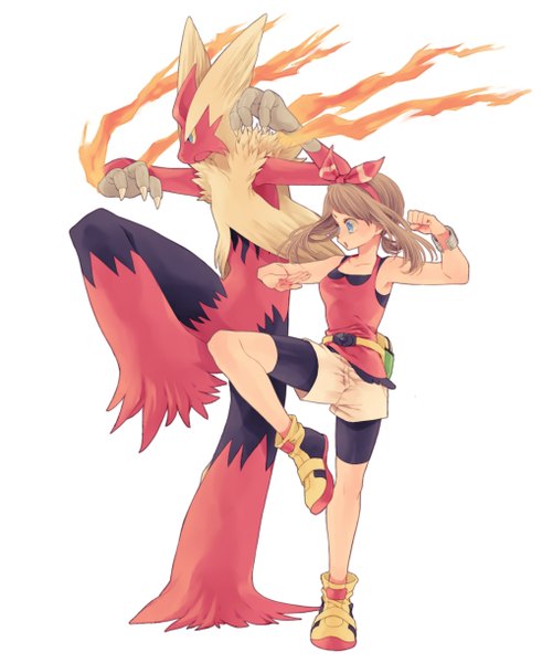 イラスト 1000x1222 と ポケットモンスタ pokemon (game) pokemon oras nintendo ハルカ(トレーナー) バシャーモ mega blaziken 小松菜 長髪 長身像 開いた口 青い目 simple background 茶色の髪 白背景 肩出し looking away プロフィール fighting stance gen 3 pokemon