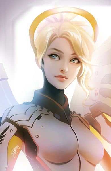 Anime picture 587x900 with overwatch blizzard entertainment mercy (overwatch) zolaida (artist) single tall image short hair blue eyes blonde hair signed looking away ponytail realistic lipstick portrait red lipstick mechanical wings girl wings bodysuit