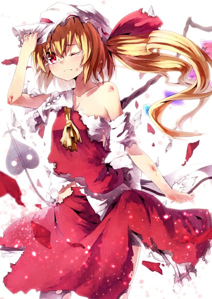 Anime picture 724x1023 with touhou flandre scarlet ibuki notsu single long hair tall image blush short hair blonde hair red eyes white background bare shoulders ponytail one eye closed wink tears torn clothes side ponytail asymmetrical hair girl