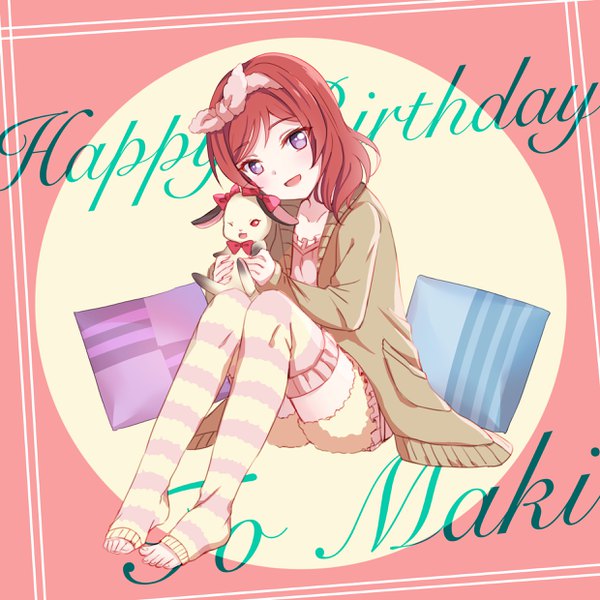 Anime picture 2480x2480 with love live! school idol project sunrise (studio) love live! nishikino maki emia wang single looking at viewer blush highres short hair open mouth smile sitting purple eyes full body red hair head tilt :d character names happy birthday