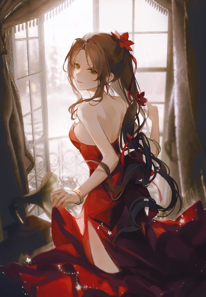 Anime picture 3119x4500 with final fantasy final fantasy vii final fantasy vii remake square enix aerith gainsborough gjygyao single long hair tall image highres brown hair green eyes absurdres ponytail looking back official alternate costume girl dress bracelet window