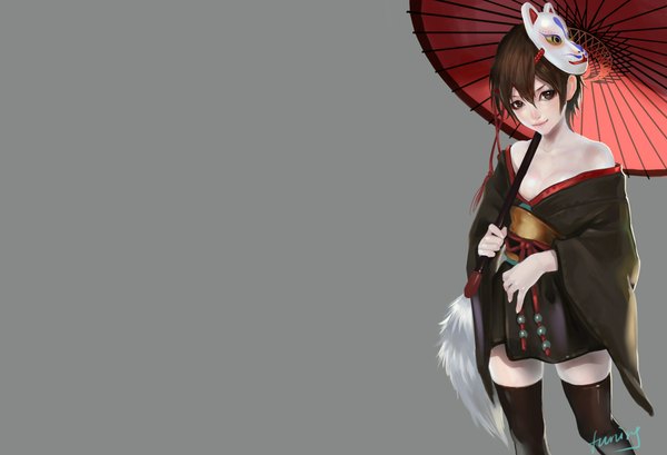 Anime picture 2200x1500 with original bobo1983 single highres short hair light erotic simple background smile brown hair bare shoulders brown eyes japanese clothes grey background mask on head thighhighs umbrella mask oriental umbrella short kimono