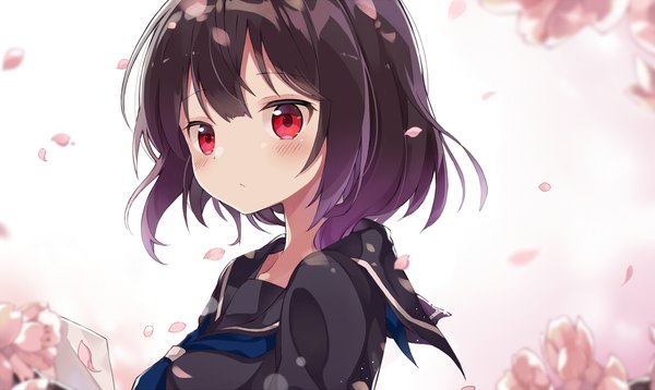 Anime picture 1172x700 with original myuton single blush fringe short hair black hair simple background red eyes wide image white background upper body multicolored hair blurry two-tone hair cherry blossoms girl uniform petals serafuku