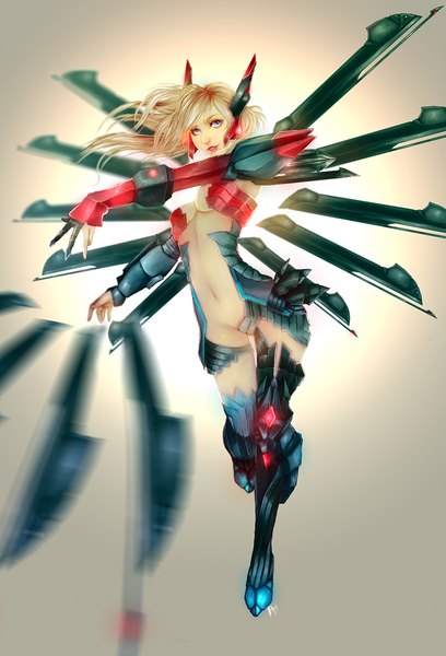 Anime picture 1000x1470 with antiwhisper single long hair tall image looking at viewer highres breasts blue eyes light erotic blonde hair horn (horns) lips mechanical wings mechanical parts girl navel weapon wings