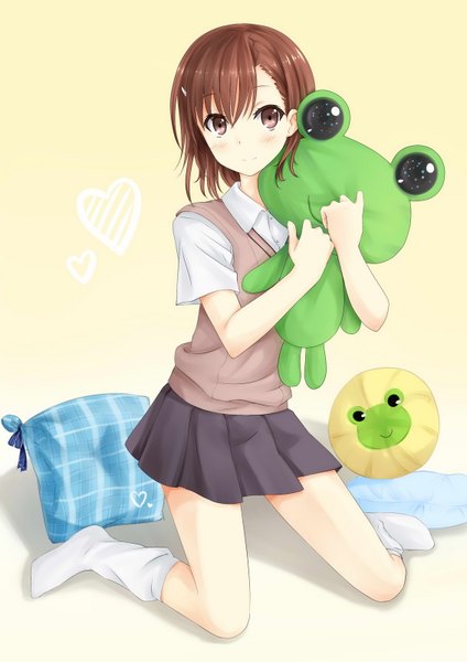 Anime picture 1132x1600 with to aru kagaku no railgun to aru majutsu no index j.c. staff misaka mikoto gekota single tall image looking at viewer blush short hair smile brown hair brown eyes girl skirt shirt socks toy stuffed animal gaiters