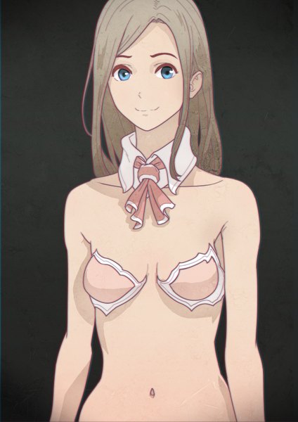 Anime picture 2480x3508 with original okuto single long hair tall image looking at viewer highres breasts blue eyes light erotic simple background smile standing bare shoulders upper body grey hair bare belly black background girl navel