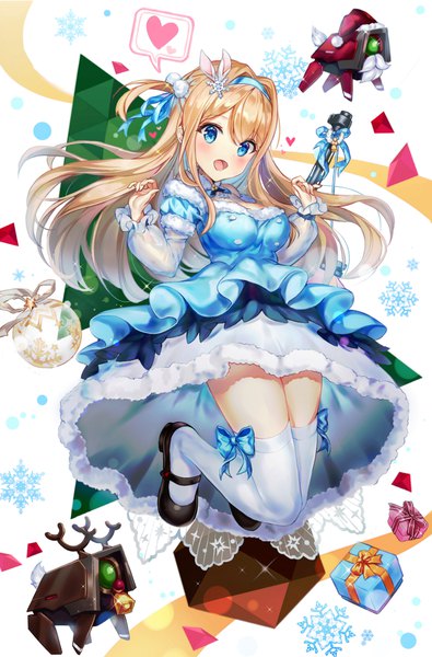 Anime picture 1400x2124 with girls frontline suomi kp31 (girls frontline) narae single long hair tall image looking at viewer blush fringe breasts open mouth blue eyes blonde hair smile hair between eyes white background full body bent knee (knees) long sleeves head tilt