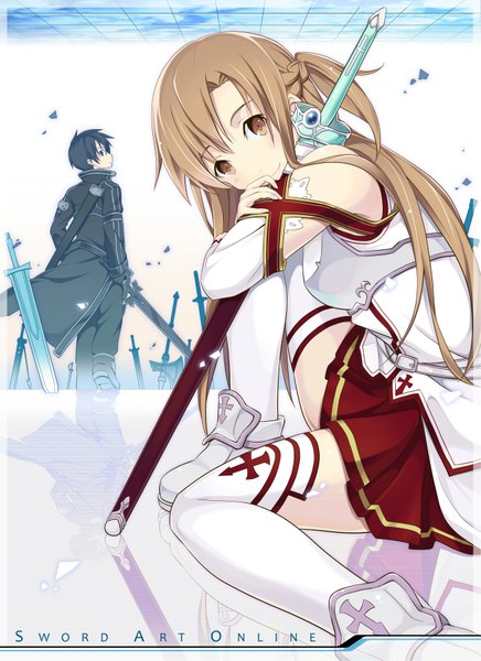 Anime picture 1311x1801 with sword art online a-1 pictures yuuki asuna kirigaya kazuto furumiya haiji long hair tall image short hair black hair brown hair brown eyes girl thighhighs boy skirt weapon miniskirt white thighhighs sword