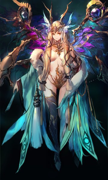 Anime picture 1418x2362 with original pixiv fantasia pixiv fantasia last saga swd3e2 single long hair tall image looking at viewer fringe breasts light erotic blonde hair smile standing holding yellow eyes payot full body horn (horns) off shoulder