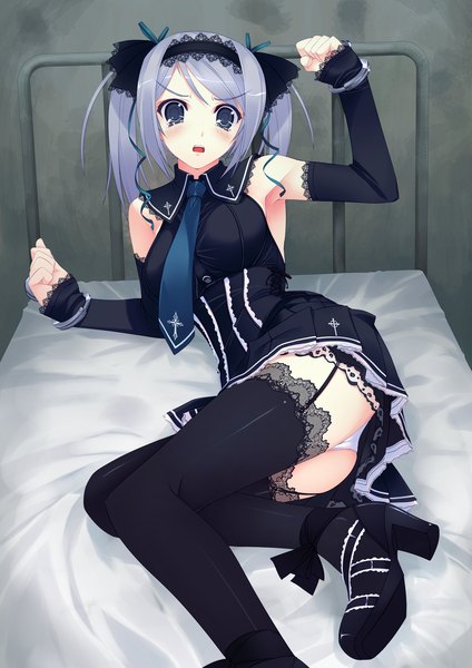 Anime picture 1447x2046 with original murakami suigun long hair tall image blush open mouth light erotic twintails grey hair pantyshot tears lolita fashion goth-loli girl thighhighs black thighhighs detached sleeves necktie bed