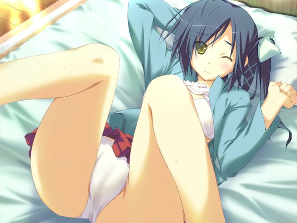 Anime picture 1600x1200 with happy margaret nishinomiya shizuru kokonoka long hair light erotic black hair green eyes game cg lying one eye closed wink open clothes open shirt side ponytail girl underwear panties lingerie bra white panties