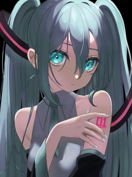 Anime-Bild 4500x6000 mit vocaloid hatsune miku uu3cm single long hair tall image looking at viewer fringe highres hair between eyes twintails bare shoulders absurdres upper body nail polish aqua eyes aqua hair aqua nail polish girl necktie