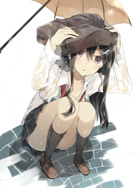 Anime picture 882x1200 with original chibirisu single long hair tall image looking at viewer light erotic black hair holding bent knee (knees) parted lips pleated skirt open clothes shadow wet open shirt squat wet clothes wet shirt girl