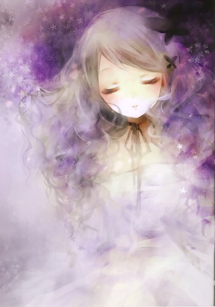 Anime picture 2127x3030 with original shimeko single long hair tall image blush highres brown hair eyes closed scan wavy hair girl flower (flowers) ribbon (ribbons)