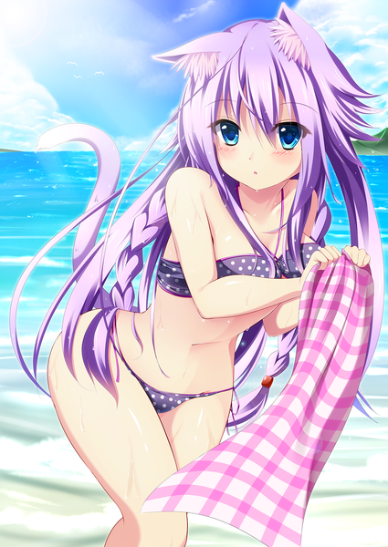 Anime picture 1200x1695 with original nefia (akine) akine (kuroyuri) single long hair tall image looking at viewer blush blue eyes light erotic animal ears sky purple hair cloud (clouds) tail braid (braids) animal tail cat ears cat girl cat tail