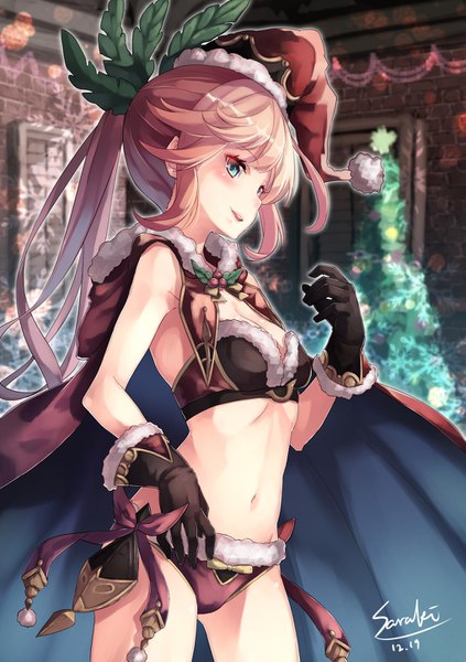 Anime picture 1020x1447 with granblue fantasy clarisse (granblue fantasy) saraki single tall image looking at viewer blue eyes light erotic blonde hair smile standing signed looking away ponytail parted lips blurry bare belly midriff fur trim dated