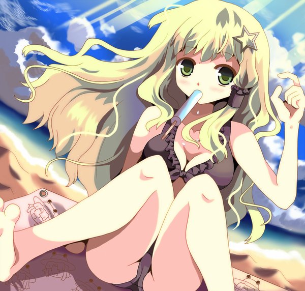 Anime picture 1100x1050 with touhou kochiya sanae moriya suwako hazakura satsuki long hair light erotic blonde hair sitting green eyes sky cloud (clouds) sunlight beach girl hair ornament swimsuit bikini food sweets star (symbol)