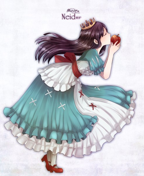 Anime picture 1087x1323 with sound horizon marchen schneewittchen asukirabing single long hair tall image simple background brown hair eyes closed profile girl dress belt crown apple