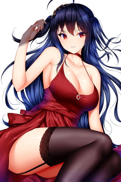 Anime picture 1200x1800 with azur lane taihou (azur lane) taihou (forbidden feast) (azur lane) wsman single long hair tall image looking at viewer blush fringe breasts light erotic simple background hair between eyes red eyes large breasts white background bare shoulders payot blue hair