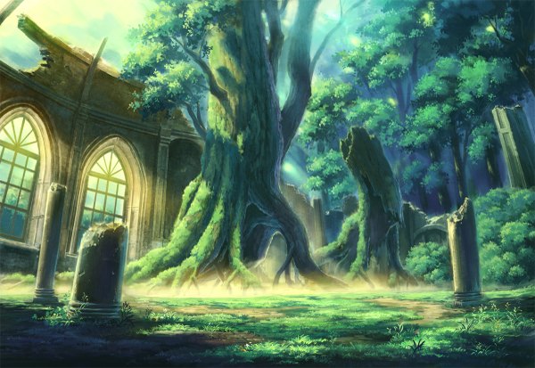 Anime picture 1200x827 with original eighbee landscape ruins nature plant (plants) tree (trees) forest pillar column
