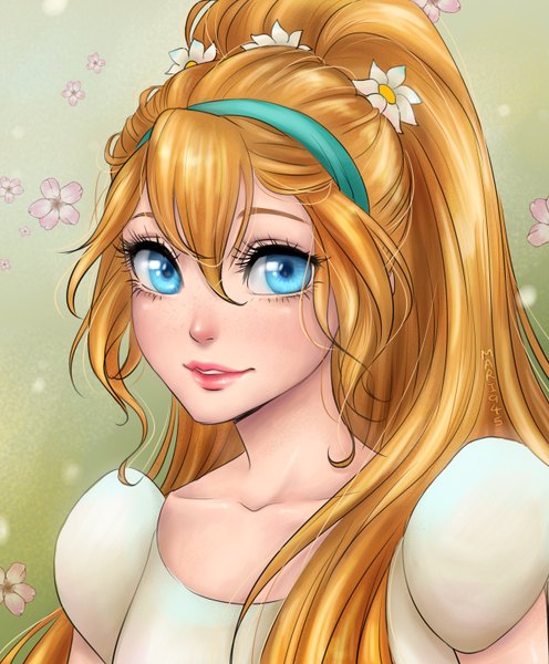 Anime picture 2480x3000 with thumbelina disney thumbelina (chacarter) mari945 single long hair tall image looking at viewer fringe highres blue eyes blonde hair hair between eyes signed upper body ponytail hair flower light smile lips teeth