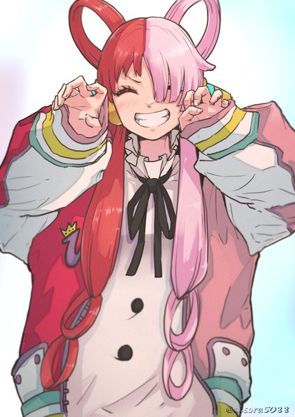 Anime picture 1191x1684 with one piece one piece: film red toei animation uta (one piece) aosora2823 single long hair tall image fringe smile pink hair upper body red hair eyes closed multicolored hair hair over one eye open jacket two-tone hair grin ^ ^