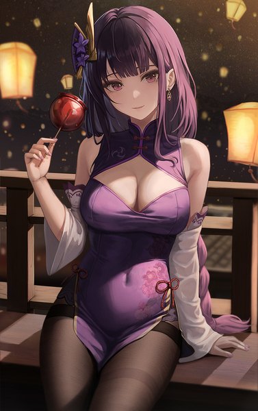 Anime picture 714x1135 with genshin impact raiden shogun mookyuu9 single long hair tall image looking at viewer blush fringe breasts light erotic large breasts sitting purple eyes bare shoulders holding cleavage purple hair outdoors blunt bangs