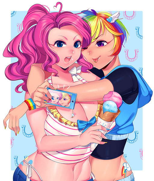 Anime picture 1900x2227 with my little pony rainbow dash pinkie pie loyproject long hair tall image highres short hair breasts open mouth blue eyes light erotic blonde hair purple eyes multiple girls pink hair purple hair ponytail red hair multicolored hair
