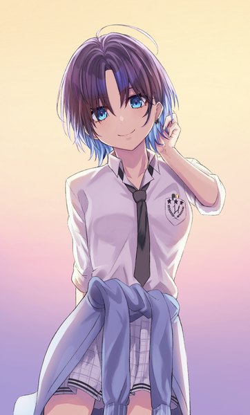 Anime picture 1224x2030 with idolmaster idolmaster shiny colors asakura tooru dande cat single tall image looking at viewer short hair blue eyes simple background smile purple hair multicolored hair gradient background colored inner hair clothes around waist girl uniform school uniform necktie