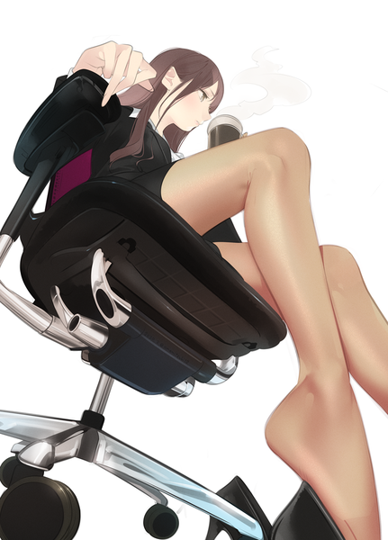 Anime picture 790x1100 with original ama mitsuki single long hair tall image fringe simple background brown hair white background holding brown eyes looking away long sleeves fingernails hair over one eye from below high heels dutch angle legs long fingernails
