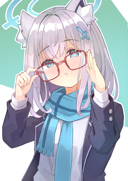 Anime picture 1273x1800 with blue archive shiroko (blue archive) nomio single long hair tall image fringe blue eyes hair between eyes animal ears silver hair upper body head tilt :o adjusting glasses bespectacled girl hair ornament glasses scarf