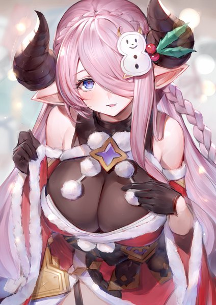 Anime picture 1427x2019 with granblue fantasy narmaya (granblue fantasy) watao single long hair tall image looking at viewer blush fringe breasts open mouth blue eyes light erotic large breasts bare shoulders pink hair upper body braid (braids) head tilt horn (horns)