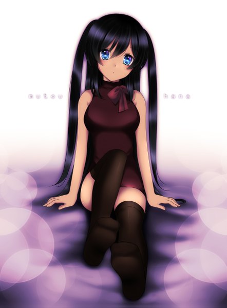 Anime picture 885x1200 with captain earth studio bones mutou hana pow (ameri) single long hair tall image breasts blue eyes black hair sitting twintails head tilt no shoes sleeveless dark skin girl thighhighs bow black thighhighs
