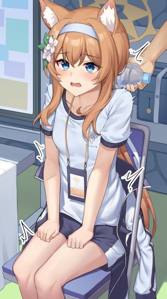 Anime picture 2283x4093 with blue archive mari (blue archive) mari (gym uniform) (blue archive) pizza (pizzania company) long hair tall image blush fringe highres open mouth blue eyes hair between eyes sitting animal ears looking away :d hair flower orange hair short sleeves official alternate costume