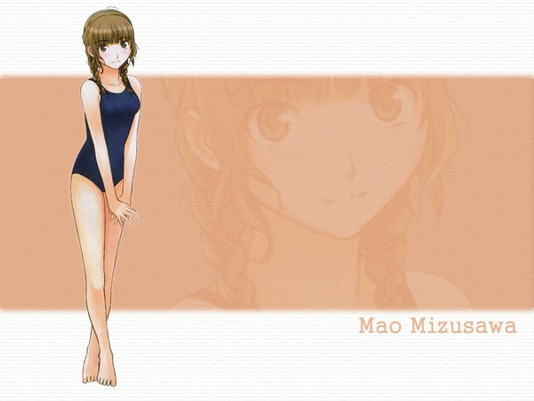 Anime picture 1024x768 with kimi kiss mizusawa mao takayama kisai single long hair looking at viewer blush brown hair standing brown eyes full body braid (braids) barefoot character names twin braids crossed legs (standing) girl swimsuit one-piece swimsuit school swimsuit