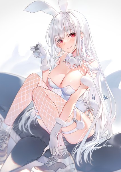 Anime picture 1200x1697 with original mmu single long hair tall image looking at viewer blush fringe breasts light erotic simple background smile red eyes large breasts white background sitting holding signed animal ears cleavage