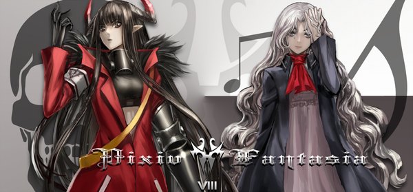 Anime picture 2000x930 with original pixiv fantasia pixiv fantasia fallen kings infukun long hair looking at viewer highres black hair wide image multiple girls horn (horns) pointy ears grey hair inscription mole grey eyes adjusting hair girl dress gloves