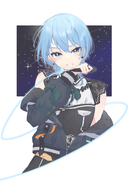 Anime picture 2480x3508 with virtual youtuber hololive hoshimachi suisei hoshimachi suisei (3rd costume) a9 (repainter) single tall image looking at viewer fringe highres short hair blue eyes smile hair between eyes blue hair upper body grin official alternate costume outside border girl