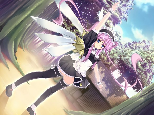 Anime picture 1600x1200 with natsumiya yuzu maid wallpaper thighhighs wings