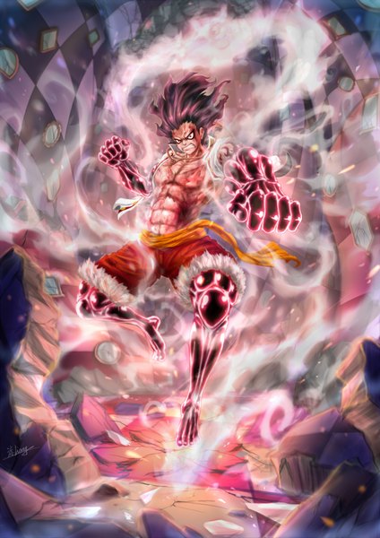 Anime picture 1448x2048 with one piece toei animation monkey d. luffy liang jian single tall image looking at viewer short hair black hair red eyes standing signed full body barefoot open clothes fur trim standing on one leg scar smoke muscle