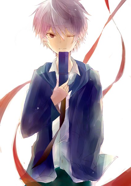 Anime picture 600x846 with mirai nikki akise aru anko0308 single tall image looking at viewer fringe short hair simple background hair between eyes red eyes standing white background holding silver hair one eye closed light smile open jacket hand in pocket boy