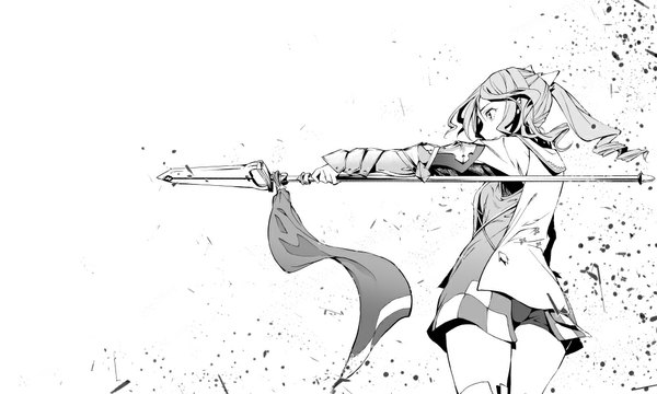 Anime picture 1001x602 with tales of (series) tales of zestiria alisha (tales) fukyuu single long hair wide image standing ponytail outstretched arm side ponytail drill hair monochrome girl weapon armor