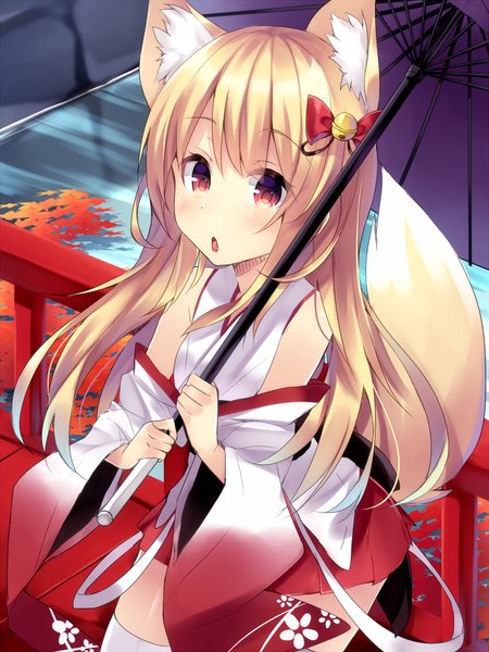 Anime picture 750x1000 with original komomo (ptkrx) single long hair tall image looking at viewer open mouth blonde hair red eyes bare shoulders animal ears tail traditional clothes japanese clothes animal tail pleated skirt from above :o zettai ryouiki fox ears