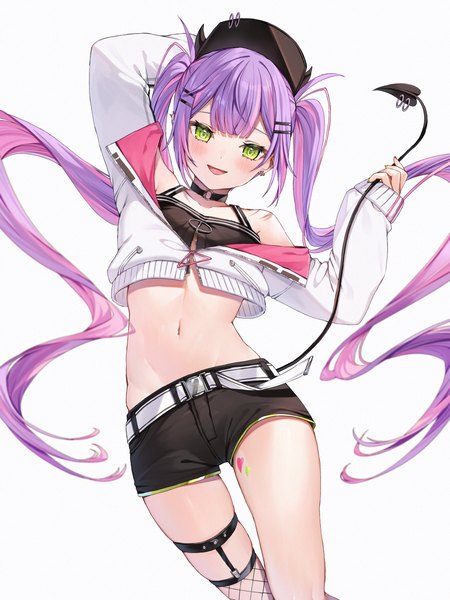 Anime picture 3000x4000 with virtual youtuber hololive tokoyami towa tokoyami towa (1st costume) runlan 0329 single tall image looking at viewer highres open mouth simple background white background twintails green eyes purple hair tail long sleeves very long hair :d midriff