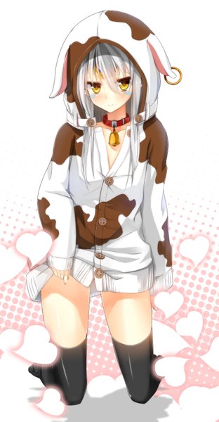 Anime picture 2000x3846 with elsword eve (elsword) uke (artist) single long hair tall image blush fringe highres smile yellow eyes cleavage white hair alternate costume facial mark glowing cosplay body blush animal print cow ears